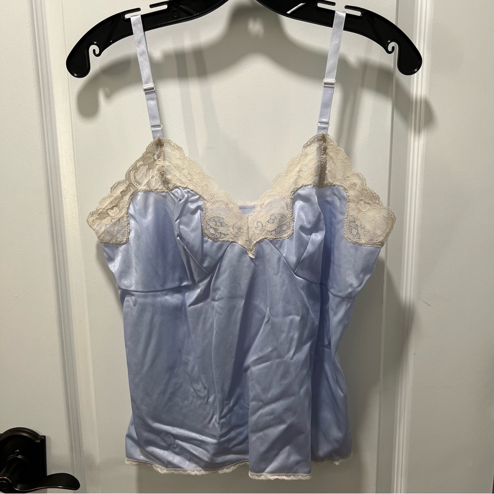 Light Blue Lingerie Tank with White Lace Trim Large